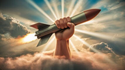 Social advertising about the cessation of hostilities. A muscular arm emerging from the clouds catches a rocket.