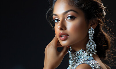 Beauty Fashion Model with Stunning Eyes and Luxury Jewelry AI Generative Image