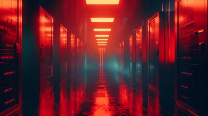 High-Stress Data Center Emergency: Servers Flashing Red, Technicians Scrambling to Save Crucial Data Amid Failing Cooling Systems.