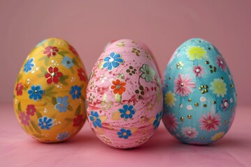 Fototapeta premium Three colorful easter eggs with floral designs.