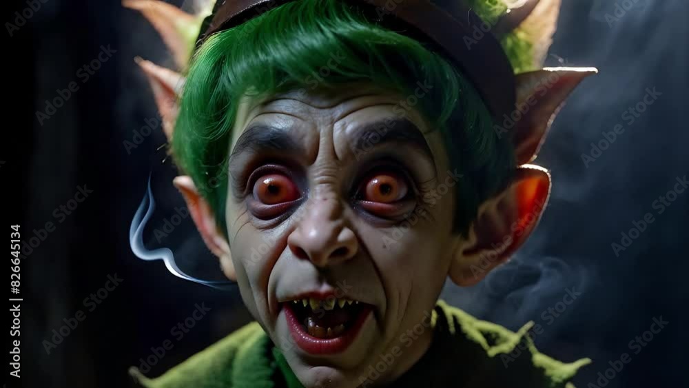 Wall mural crazy creepy elf close-up 4k features an a.i. generated video of a close-up of an elf character with