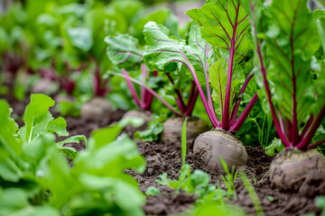 Close-up of growing beets in soil