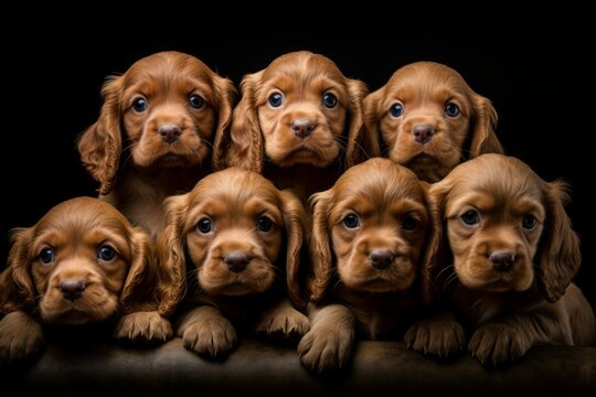 A group of cocker spaniel puppies in a black background.