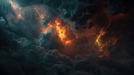 Fototapeta premium Dramatic stormy sky with dark clouds and fiery lightning.