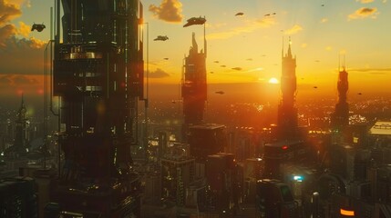 Futuristic cityscape bathed in golden sunset light, with flying vehicles soaring through the sky.
