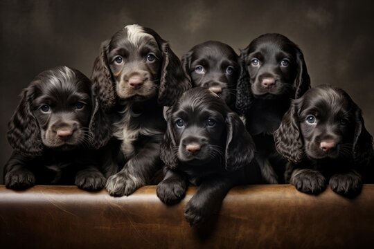 A group of black cocker spaniel puppies sitting on a leather couch.