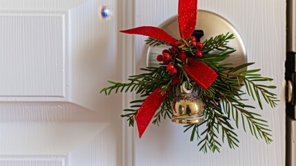 Photo of a festive door decoration with greenery, a red bow, and a gold bell, creating a welcoming holiday entrance.