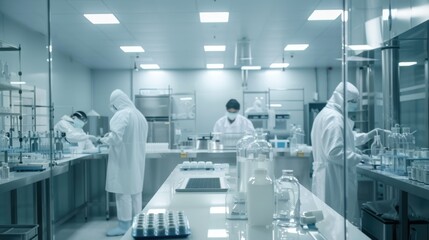Three scientists in lab coats and protective gear work in a sterile laboratory setting.