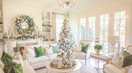 Photo of an elegantly decorated white Christmas tree in a minimalist living room, with wrapped presents and holiday decor creating a serene atmosphere.
