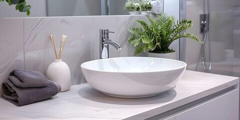 Clean contemporary sink in a sleek bathroom setting with natural light. Concept Bathroom Design, Contemporary Interior, Natural Light, Clean Aesthetic, Sleek Sink