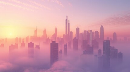 A city skyline emerges from a sea of clouds at sunrise, bathed in soft pink and orange light.
