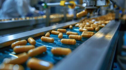 Pharmaceutical capsules move along a conveyor belt in a factory where they are undergoing a quality control process, ensuring medications meet the required standards.