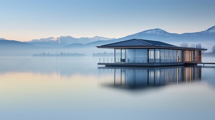 Photo of a modern, angular house floating on a calm lake surrounded by misty mountains under an overcast sky.