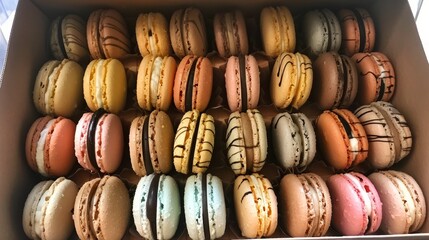 Photo of a box of colorful macarons arranged neatly in rows, showcasing various flavors and pastel shades, close-up.