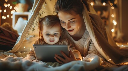 Photo of a mother and child reading a tablet under a blanket fort, surrounded by warm, cozy lighting.