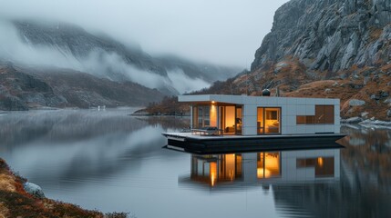 Photo of a modern houseboat on a calm lake surrounded by misty mountains, creating a tranquil and serene atmosphere.