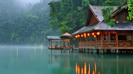 Photo of a modern lakeside cabin with large windows, reflecting on the calm water surrounded by evergreen trees. The image showcases a serene and picturesque setting, ideal for a getaway.