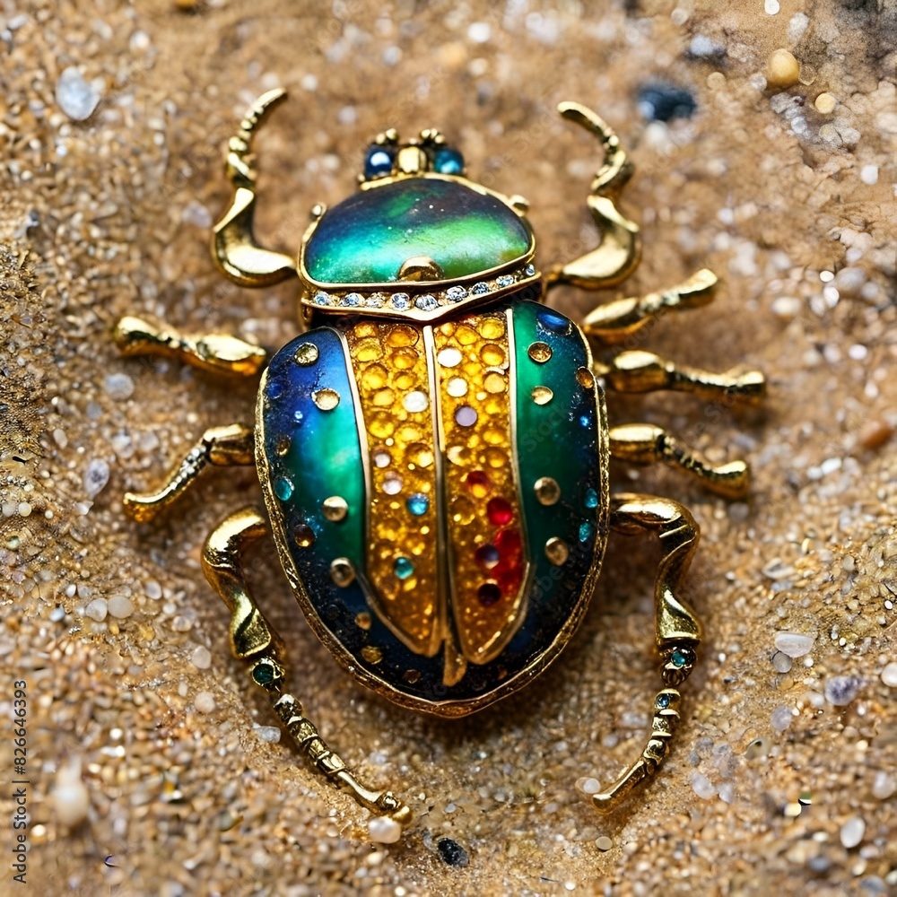 Poster AI generated illustration of a macro shot of a beetle surrounded by crystals on sandy ground