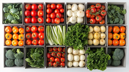 12 boxes of fresh vegetables arranged in a grid on white background, view from above,