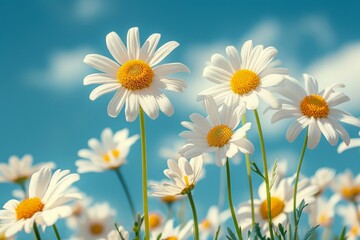 Daisies in the field with blue sky background.
