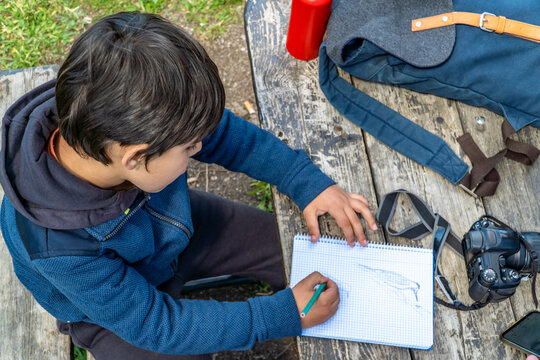 Young boy sketching outdoors on a spring weekend