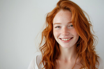 Fototapeta premium portrait of young redhead woman with freckles, smiling. girl with long red wavy hair looking happy and radiant. ginger female on white background, isolated with copy space