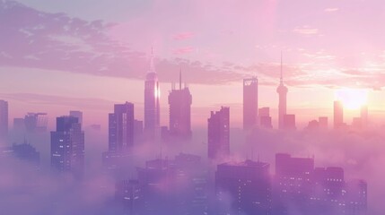 Fototapeta premium A misty cityscape at sunrise, with tall buildings silhouetted against a soft, pink sky.