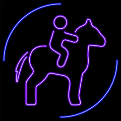 horseback riding neon sign, modern glowing banner design, colorful modern design trend on black background. Vector illustration.