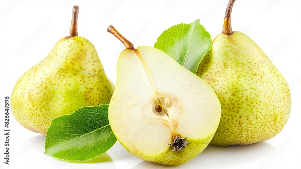 Wall mural Isolated pears. One and a half green pear fruit isolated on white background