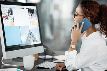 Businesswoman, screen and computer in office with phone call for customer service with inquiry....