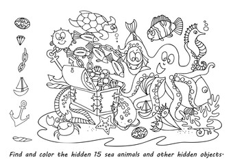Obraz premium Find and color hidden objects in the picture. Underwater world. Coloring page for kids. Marine animals and fish life. Hidden object puzzle game. Sketch vector illustration of funny cartoon characters
