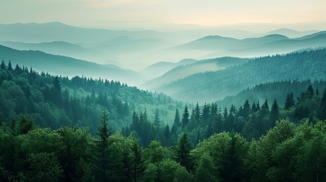 A breathtaking view of layered mountain ranges covered in lush green forests, with a misty atmosphere