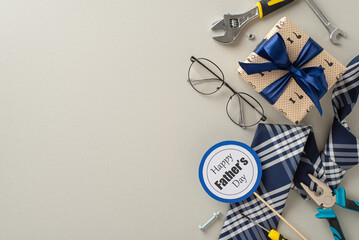 This image showcases a Father's Day theme with a beautifully wrapped gift, tools, a necktie, and...