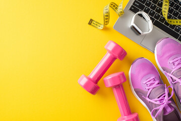 Pink dumbbells, running shoes, laptop, and tape measure on a bright yellow background, signifying...