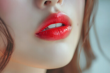 Asian Young female lips, the teen style lipgloss color is light red , the feeling of smiling with love in confidence