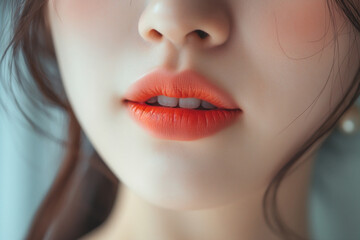 Asian Young female lips, the teen style lipgloss color is light red , the feeling of smiling with love in confidence
