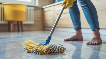 Low section of caucasian young woman cleaning floor with wet mop at home, copy space - Powered by Adobe