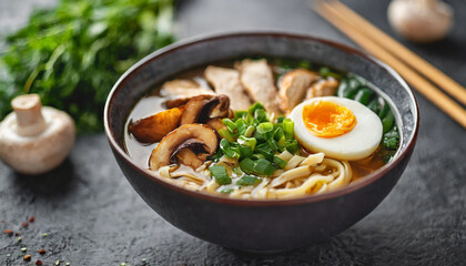 Japanese ramen soup with chicken, noodles, mushrooms, marinated egg, and vegetables on wooden table