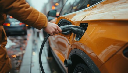 Close-up of a person plugging a charger into an electric car on a rainy day in the city. Sustainable transport and green energy concept.