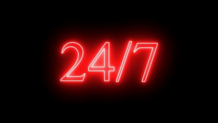 Glowing neon line Clock 24 hours icon isolated on black background. All day cyclic icon. 24 hours service symbol. 24 hours a day and 7 days a week animation on black.