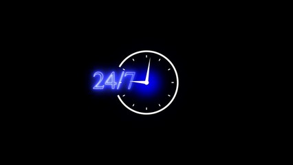 Glowing neon line Clock 24 hours icon isolated on black background. All day cyclic icon. 24 hours service symbol. 24 hours a day and 7 days a week animation on black.