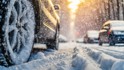 snow-covered road during blizzard, cars barely visible, backlit by street lamp