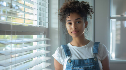 Portrait of biracial young woman in bib overalls standing by window blinds at home - Powered by Adobe