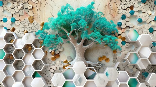 Lively, colorful hexagons add depth to an oak backdrop with a white lattice featuring a large, expressive tree in turquoise and blue.