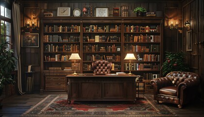 Elegant home library with wooden bookshelves, leather chair, and antique desk, exuding a classic and sophisticated atmosphere.
