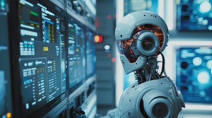 Fototapeta premium Futuristic robot analyzing data on screens in a high-tech laboratory, representing advanced technology and artificial intelligence.
