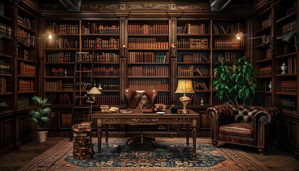 Luxurious vintage library with wooden bookshelves, a study desk, leather armchair, and warm lighting. Perfect for reading and relaxation.