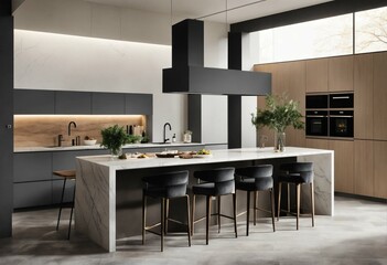 Cuisine moderne avec îlot central, décoration minimaliste, matériaux haut de gamme, design épuré et contemporain.