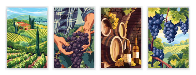 Vineyard Landscape and Winery Field with Villa Farmhouse. Hand Drawn Vector Illustration Poster Featuring Wine Cellar with Wooden Barrels, White Wine Bottle, and Man Harvesting Grapes
