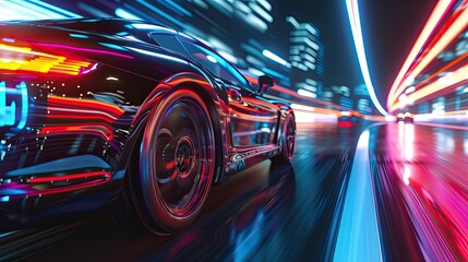 Racing car posters. Car race banner. close up futuristic car with high fast and speed neon city background, car on track with glowing light, night scene neon